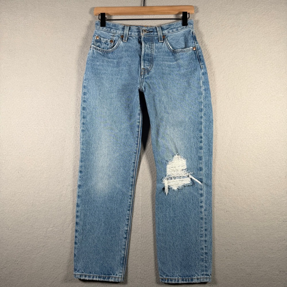 Levis 501 Original Light Wash Distressed Straight Leg Jeans Blue W25 L28